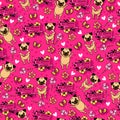 Sweet seamless pattern with pug, candy, flowers, donuts, bow and trendy frases. Royalty Free Stock Photo